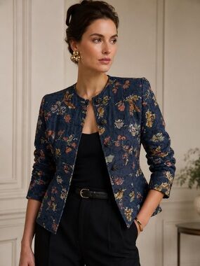 Vintage Emanuel Ungaro Paris Floral Tapestry Jacket Blazer Collarless Quilted